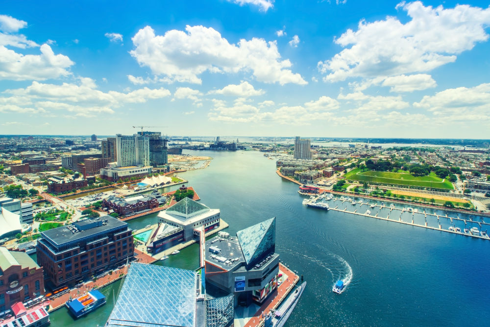 Aerial view of the Inner Harbor of Baltimore Maryland on a clear summer day
