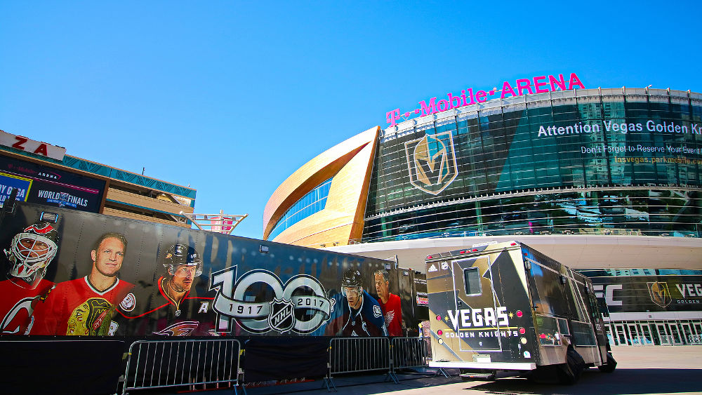 Exterior view of the T Mobile Arena in Las Vegas. It is the home of the Golden Knights ice hockey team.
