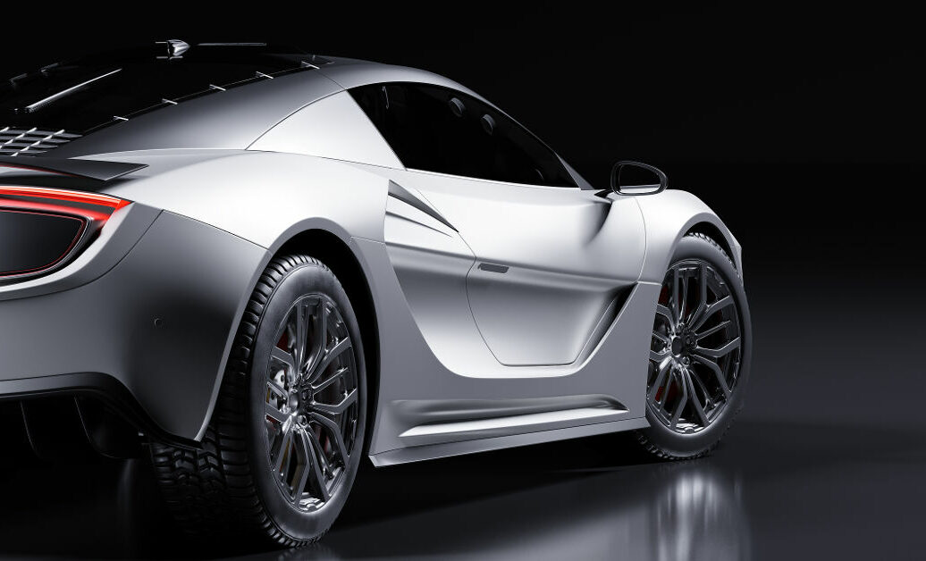 Rear view of modern fast sports car in studio light. Brandless contemporary style. 3D illustration