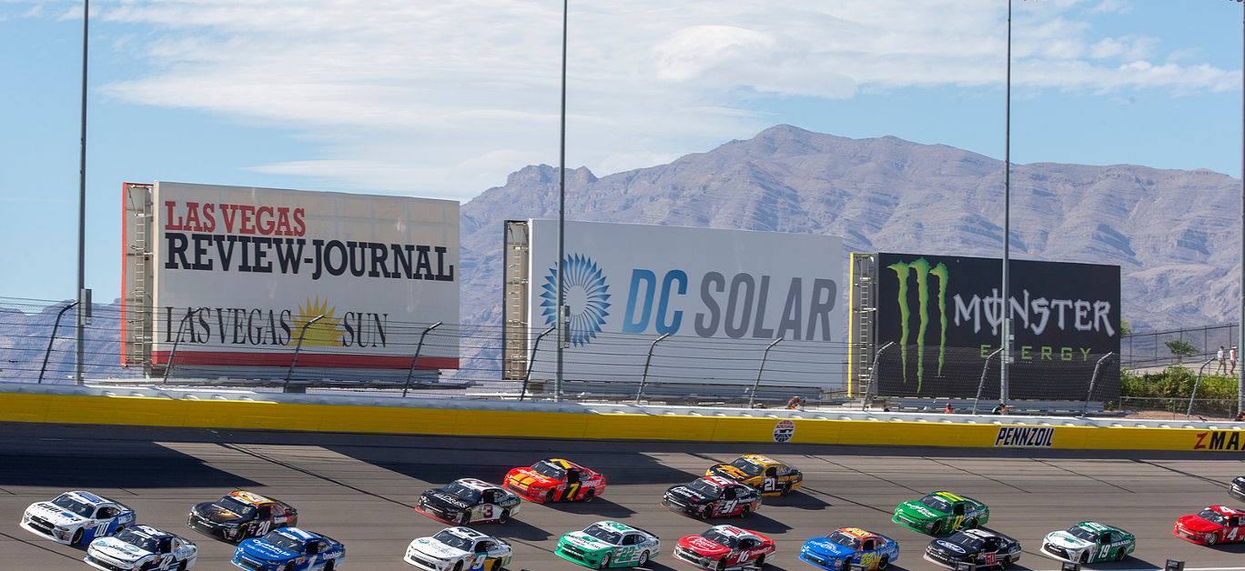 Ross Chastain (42) races off turn one during the DC Solar 300 at Las Vegas Motor Speedway in Las Vegas, Nevada.