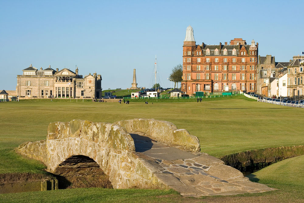 The famous Swilcan bridge on the 18th hole of the Old Course links in St Andrews Scotland