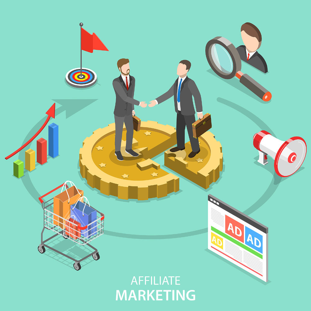 Flat isometric vector concept of affiliate marketing strategy, referral program, business partnership.