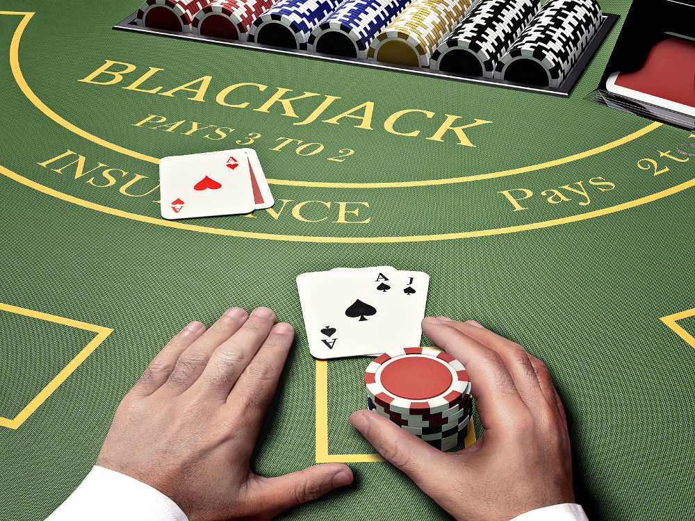 poker gambler in online casino bet on blackjack table