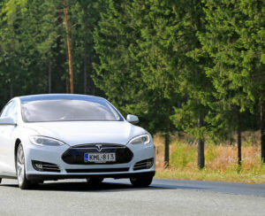 Tesla Model S electric car on the road. Tesla's autopilot technology is close to getting a key update.