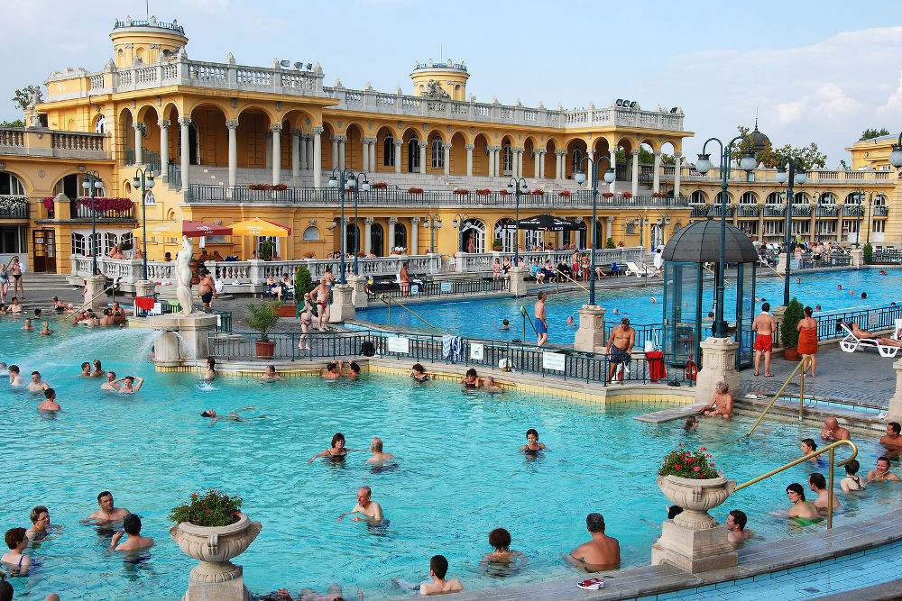 People have a thermal bath in the Szechenyi spa circa September 2009 in Budapest. Szechenyi Medicinal Bath is the largest medicinal bath in Europe.