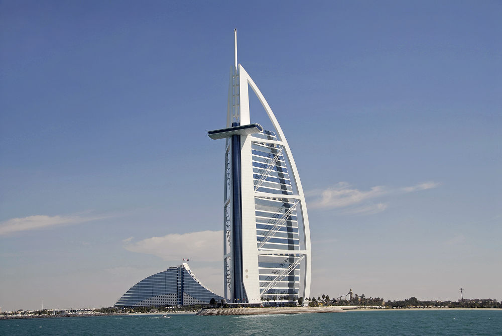 Burj Al Arab Is A Seven Star Hotel. This Landmark Resembles A Sail & Has A Cross That Faces The Ocean.