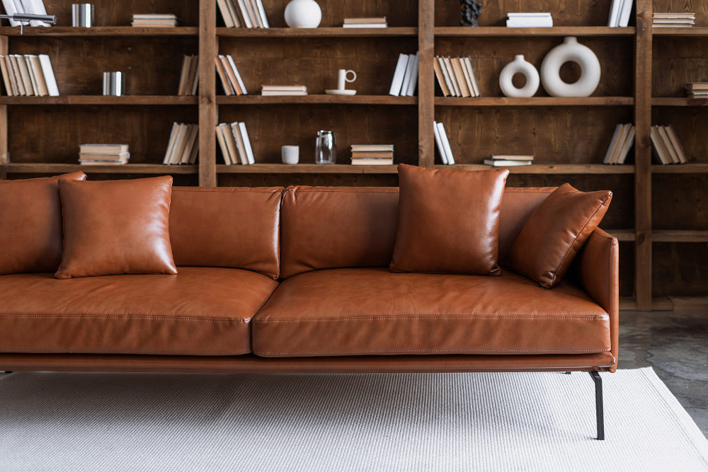 brown leather sofa and books
