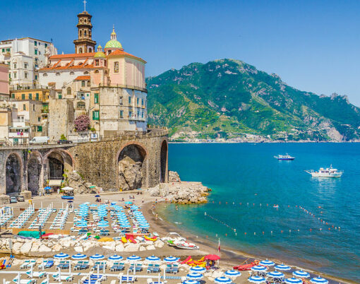 Scenic picture-postcard view of the beautiful town of Atrani at famous Amalfi Coast with Gulf of Salerno Campania Italy