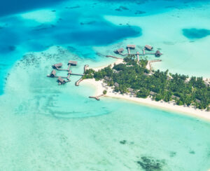 Aerial view on Maldives island, Raa atol
