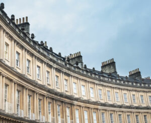 Black And White Panorama Of The Iconic Circus Terrace Of Townhouses In Bath, England