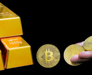 Four golden bullions and female palm throws gold bitcoins on black background