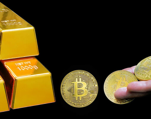 Four golden bullions and female palm throws gold bitcoins on black background