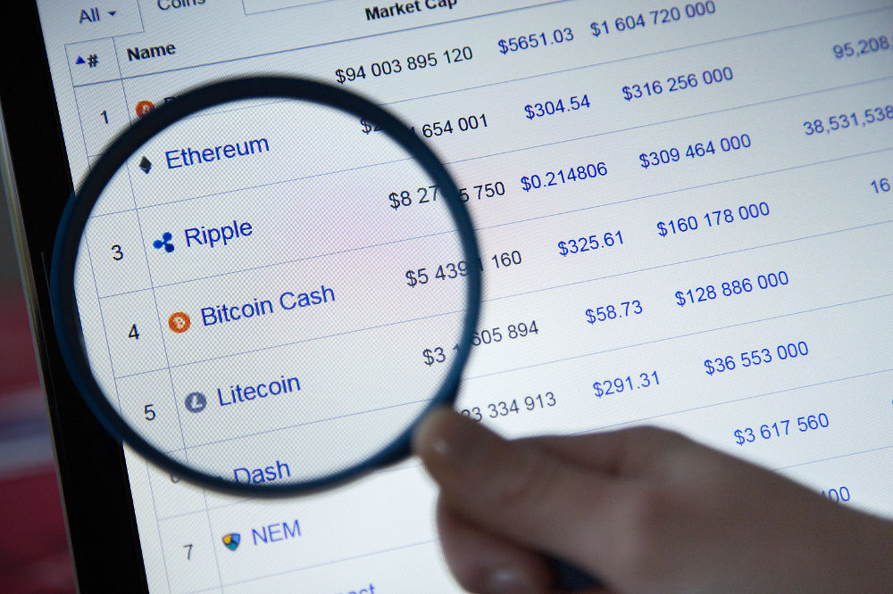 Closeup with magnifying glass on crypto currencies with many new virtual currencies. Ethereum Ripple Bitcoin Bitcoin Cash are the most popular