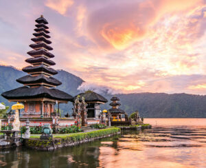 Pura Ulun Danu Bratan Hindu temple on Bratan lake landscape one of famous tourist attraction in Bali Indonesia