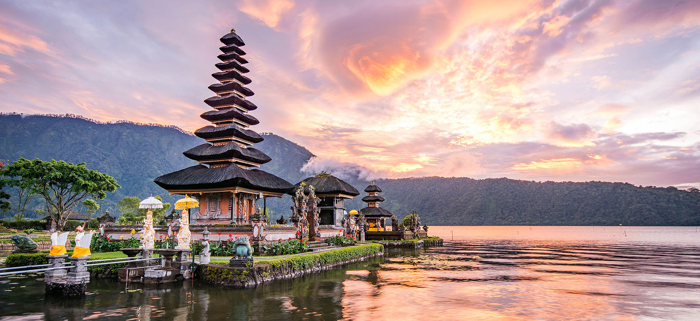 Pura Ulun Danu Bratan Hindu temple on Bratan lake landscape one of famous tourist attraction in Bali Indonesia