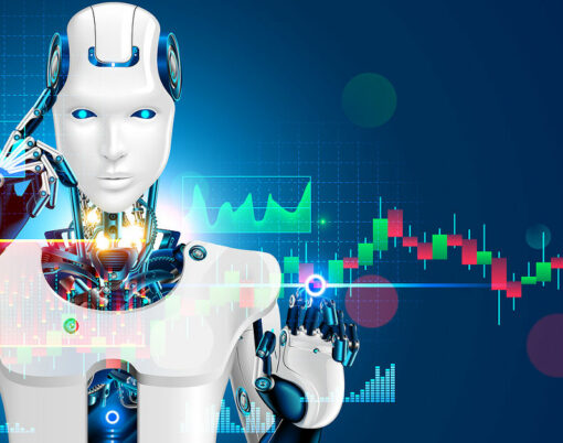Robot trading on stock market. Artificial intelligence of forex broker with analyzing business charts with investment financial data